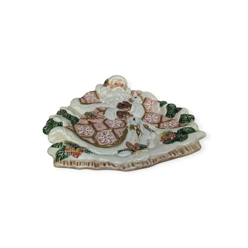 Vintage 1996 Fitz & Floyd Figural Christmas Santa Plate w/Rabbits & Snowflakes